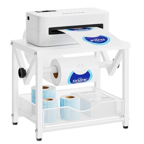 Marbrasse Label Holder for Rolls and Fanfold Labels, Metal Thermal Label Printer Holder with Drawer, Shipping Label Stand, Sticker Roll Holder for Home, Office, Small Business,White