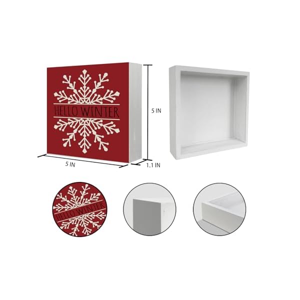 Winter decorchristmas decorations indoor for home wooden box signhello winter red snowflake farmhouse decor for kitchen office desk shelf wall decoration 5 x 5 inch  urban country home decor