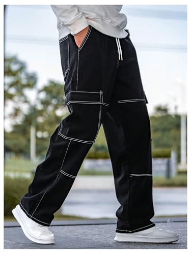 OYOANGLE Men's Jeans Cargo Pants Drawstring Waist Flap Pocket Straight Leg Denim Pants Streetwear3