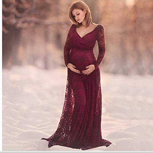 Lace Floral Maxi Dress for Women, Maternity Long Sleeve V Neck Photography Dress Plus Size Pregnant Gowns Wine Red