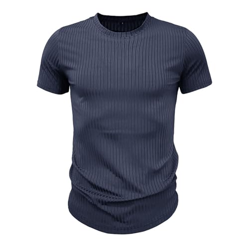Camiseta de manga corta para hombre de verano, camiseta de punto con cuello redondo, informal, ajustada, camisetas, azul, L