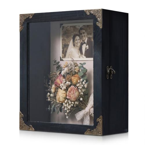 Deep Shadow Box Frame 8x10 with 4.7" Depth, Black Wood Display Case with Vintage Lock, Metal Corner Accents, Extra Deep Shadow Box Frame for Medals, Photos, Collectibles, Wedding Keepsakes