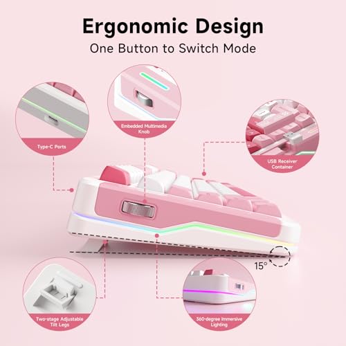 Image of MCHOSE X75 V2 Wireless Mechanical Keyboard Volume Knob, Tri-Mode BT5.0 /2.4GHz /USB-C Hot Swappable Custom Keyboards, Linear Switch Creamy Keyboards, RGB Gaming Keyboard for PC /Tablet /PS /Xbox, Pink