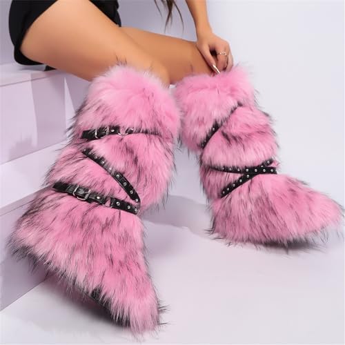 Faux Fur Boots for Women Long Furry Knee High Boots Comfy Warm Plush Snow Boots Winter Fuzzy Outdoor Boots Fluffy Indoor Flat Shoes