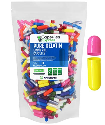XPRS Nutra Size 0 Empty Capsules - 1000 Count Empty Gelatin Capsules - Capsules Express Empty Pill Capsules - DIY Capsule Filling - Pure Bovine Pill Capsules Empty Gel Caps (Multi Color)