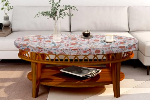 Image of The Furnishing Tree Elastic Cotton Oval Center Table Cover 16x48 in Inches Floral Multicolor on offwhite Base
