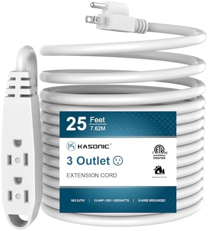25-Feet 3 Outlet Extension Cord, Kasonic UL Listed, 16/3 SJTW 3-Wire Grounded, 13 Amp 125 V 1625 Watts, Multi-Outlet Indoor/Outdoor Use, White