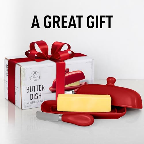 Image of Zulay Kitchen Butter Dish With Lid For Countertop - Porcelain Red, Ceramic Butter Dish with Knob Handle Great for Cooking - Elegant Design Butter Holder - Durable & Sturdy Butter Keeper - Red
