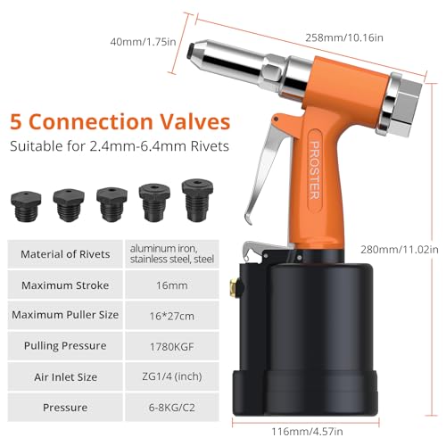 Image of Proster Pneumatic Rivet Gun Air Riveters 3924LBF 5 Nozzles 3 /32 inch-1 /4 inch