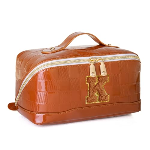 Initial Makeup Bag Large Capacity Travel Cosmetic Bag for Women PU Leather Open Flat Toiletry Bag with Handle and Divider Personalized Gifts for Women (Brown K)