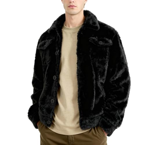 Image of GINGTTO Mens Furry Button-Up Jacket 4 Pockets Fluffy Coat For Men