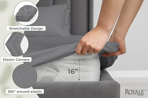 Image of Royale Linens 100% Organic Cotton Queen Fitted Sheet Only - Percale Weave - Super Soft Deep Pocket Bottom Sheets - Grey Elastic Sheet - Queen Size Fitted Sheets Only - (60 inchx80 inch+15 inch, Grey)