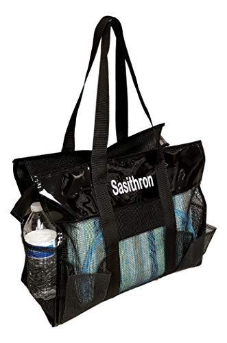 Waterproof Mesh Shopper Utility Beach Bag Zipper Organizing Tote (Black with Personalized Vinyl Name)3