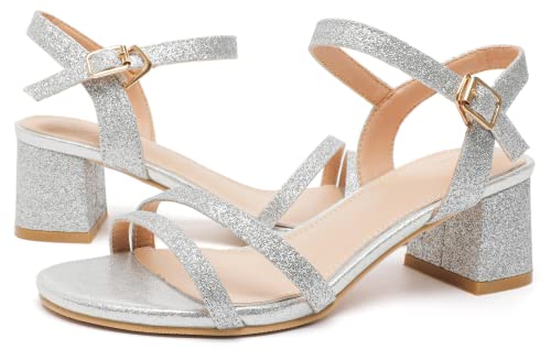 kkdom Women's Open Toe Ankle Strap Glitter Sandals Pumps Low Block Chunky Heels Wedding Dress Shoes Silver