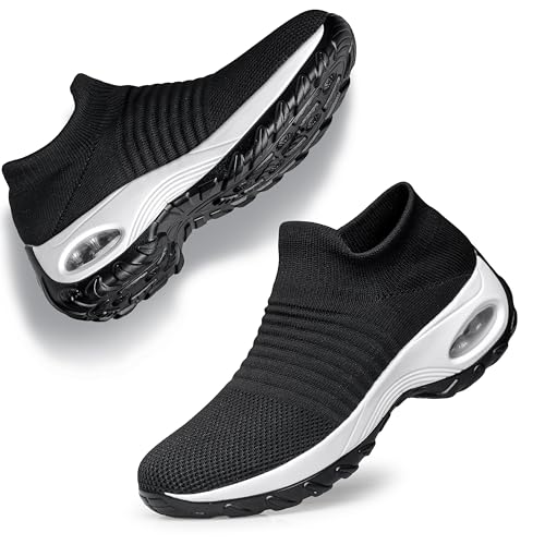 YHOON Women's Walking Shoes - Sock Sneakers Slip on Mesh Platform Air Cushion Athletic Shoes Work Nurse Comfortable Black and White 7