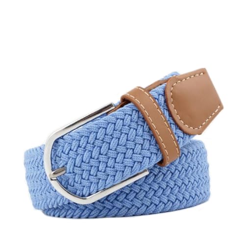 MEISHINE Cinturón elástico unisex para hombre y mujer, cinturón de tela, cinturón trenzado con hebilla de metal, azul claro, 120 cm