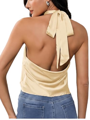MakeMeChic Women's Summer Satin Silk Backless Halter Tank Tops