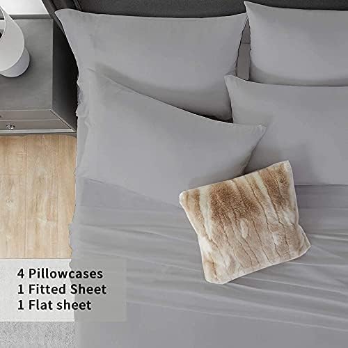 Miniatura 4 de Juego de sábanas tamaño Queen, juego de 6 piezas, bolsillos extraprofundos, sábanas de 600 hilos, 100% algodón egipcio, color gris claro, sábanas