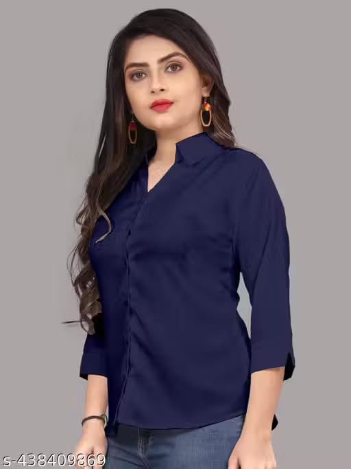Image of Women's Cotton Blend Solid Formal Shirt with 3 /4 Sleeves-Navy Blue P4