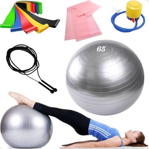 Loja Produto Bola de Pilates 19 Bola de Pilates Suiça 65cm com bomba Yoga Ginastica + 6 Elasticos...