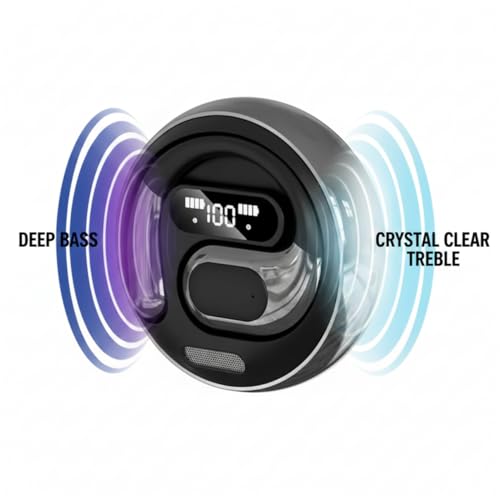 Image of Nyxo K03 Open Ear Wireless Earbuds with LED Display, Bluetooth 5.3 Clip-On Earphones, Pain-Free Design, HiFi Sound, Lightweight Sports Headphones with Charging Case for Calls, Music & Workout (Black)