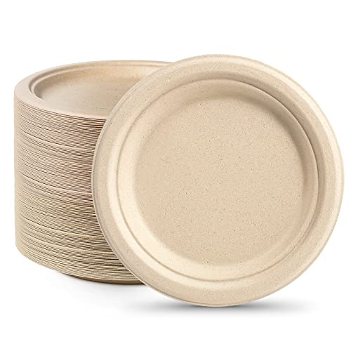 GREENESAGE Rigid 7 inch 100 Pack Disposable Paper Brown Plates Sugarcane 100% Biodegradable and Compostable Strong Dishes for Picnic Wedding Party BBQ