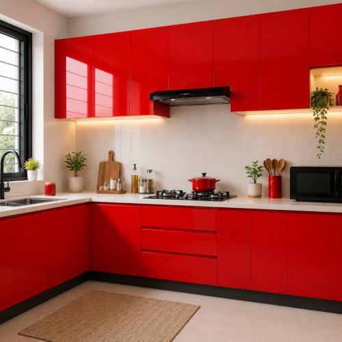 Image of Vinyl Contact Paper Decorative for Cabinets Countertops Kitchen Shelves Liner Self Adhesive Film Peel and Stick Waterproof Removable Wallpaper (Inches 24 x 96, Red Glossy)