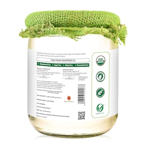 Image of Sow Fresh All Natural Extra Virgin Coconut Oil - 500ml Organic Cold Pressed Virgin Vegan Coconut Oil for Cooking, Hair & Skin Care and Oil Pulling - No Preservatives & No Sugar