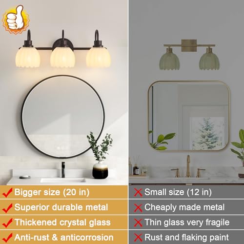 Image of Bathroom Light Fixtures (3-Light, 20 Inch), Oil Rubbed Bronze Vanity Lights for Bathroom with Ribbed White Tulip Glass Shade, Vintage Vanity Wall Lights for Mirror Bedroom Living Room Hallway