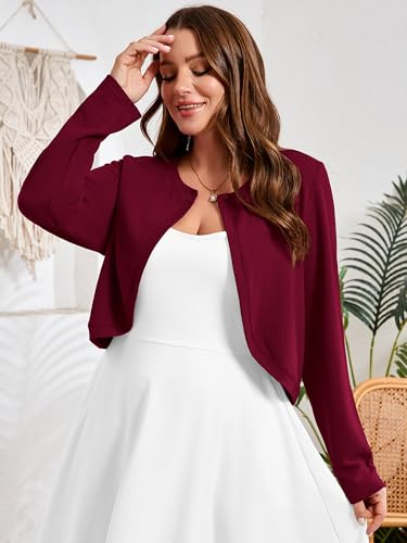 AusLook Plus Size Women Shrugs Long Sleeve Burgundy 4X Open Front Cardigan Knit Lightweight Coat Cropped Bolero Tops Shawls and Wraps Dressy Sweater — view 5