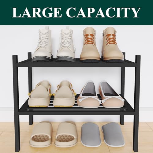 Image of Smiry Bamboo Shoe Rack, 5 Horizontal Slats, 2 Tier - 17.3 inch Wide, Black