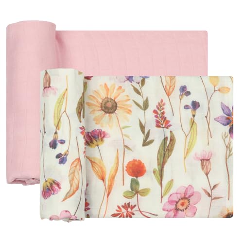Image of Muslin Swaddle Blankets for Baby Girl, 2-Pack 70% Viscose from Bamboo and 30% Cotton Large Swaddle Blankets (47 inch x 47 inch), Solid Pink Color /Flower Print