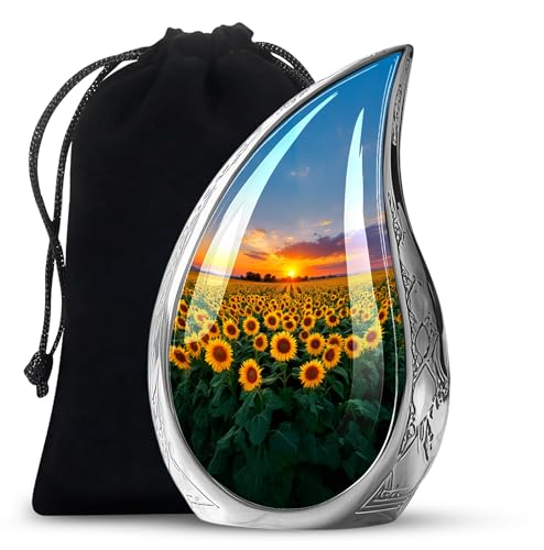 Image of Teardrop Sunflower Flower Urns for Human Remains - Sunset Funeral Urns for Adult Ashes Women - Yellow Sunflower Urn for Human Ashes - Cremation Urn for Men and Women 10inch