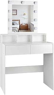 Comprar Tocador de maquillaje con Luz | Mueble tocador con Espejo 2 cajones y estantes de almacenamiento | Mesa de maquillaje moderno blanco para dormitorio, cómoda organizadora cosméticos y joyas