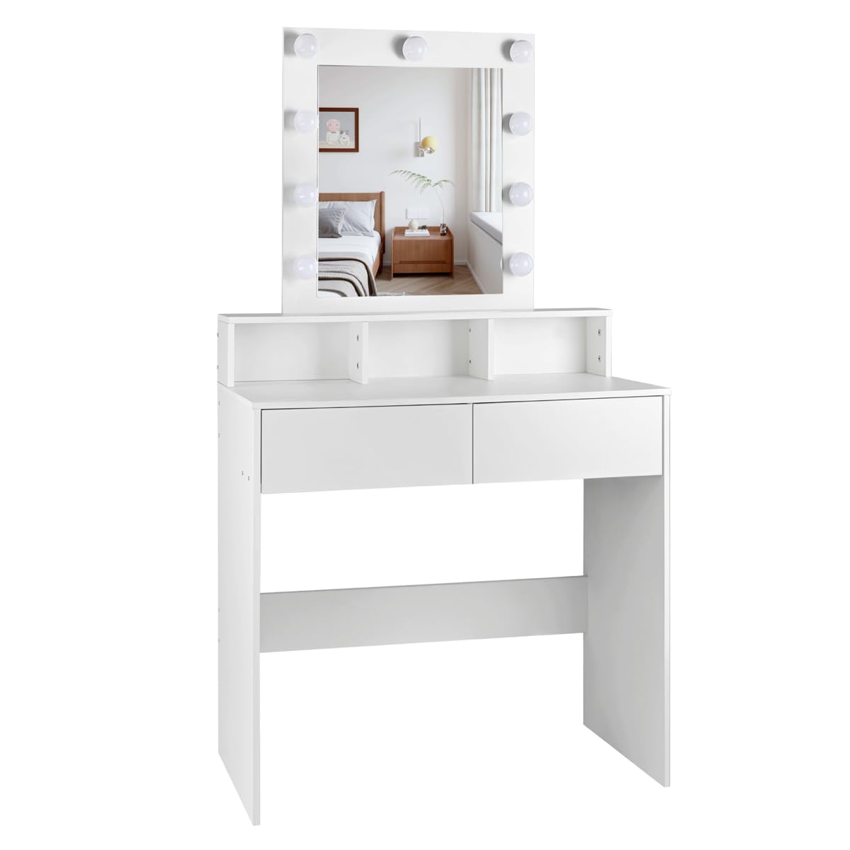 Tocador de maquillaje con Luz | Mueble tocador con Espejo 2 cajones y estantes de almacenamiento | Mesa de maquillaje moderno blanco para dormitorio, cómoda organizadora cosméticos y joyas