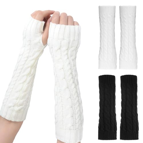 2 Paar Damen Lange Fingerlose Handschuhe Y2K Armstulpen Winter Gestrickte Handschuhe Feinstrick Handwärmer Stricken Armwärmer für Frauen, Y2k Fingerlose Armstulpen Handschuhes für Herbst Winter
