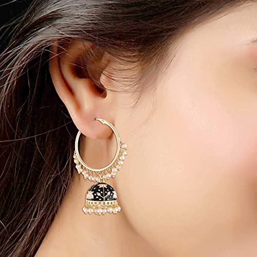 I Jewels 18K Gold Plated Black Meenakari Jhumki Earrings - Image 5
