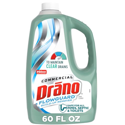 Drano FlowGuard Build-Up Remover, Enzymes Help Prevent Clogs, 60 oz, 1-Pack | Helps Prevent Clogs, Not for Existing Blockages; Safe for Pipes, Septic Systems & Toilets; Removes Buildup; Package May Vary