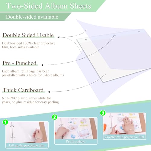 11 x 9 Inch Photo Album Refill Pages, Album Pages for 3 Ring Binder, Self Adhesive Pages, Holds 2 x 3, 4 x 6, 5 x 7, 8 x 10, Replacement Photo Album Sheets (20 Sheets/40 Pages)