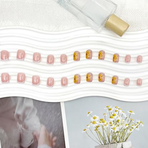 YOSOMMK French Tip Press On Nails Short Square Fake Nails with Sunflower Designs Acrylic False Nail Simple Full Cover Stick on Nail for Women and Girls - Image 5
