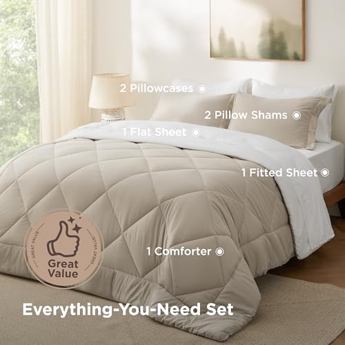 Image of Bedsure King Size Comforter Set - 7 Pieces Reversible Beige and White Bedding, King Size Bed Set for All Seasons, Bed in a Bag with Down Alternative Comforter, Sheets, Pillowcases & Shams