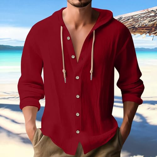 Linen Long Sleeve Shirts for Men Lightweight Breathable Button Down Hoodie Drawstring Fashion Casual Muscle Shirts2