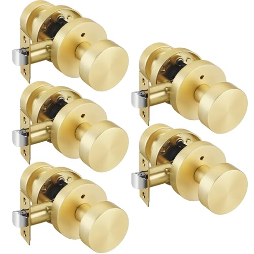 Image of Goldenwarm Gold Door Knobs Interior Privacy, Zinc Alloy Keyless Brushed Gold Door Knobs for Bedroom Bathroom, Heavy Duty Interior Door Knob - Adjustable & Reversible (5 Pack)
