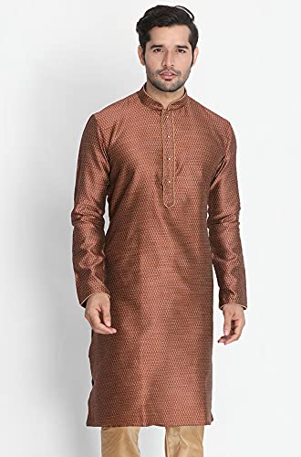 Image of VASTRAMAY VM Mens Silk Blend Kurta - Timeless Elegance for Festivals & Events | Banarasi Cotton with Silk Dobby Jacquard Mandarin Collar Full Sleeves Kurta with a Contrast Piping