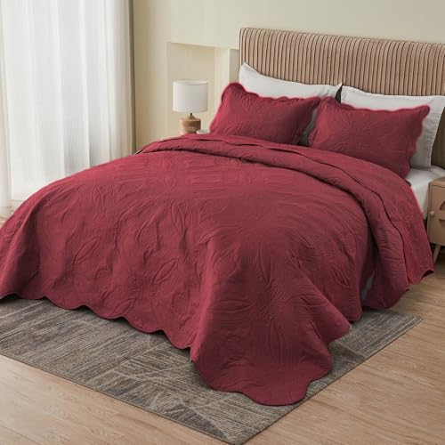 Image of Kingnex Oversized King Bedspreads 128x120 for Extra Wide Tall King or Cal King Bed Ultrasonic Quilted Coverlet Set 3 Piece Include 1 Quilt 2 Pillowcases Burgundy