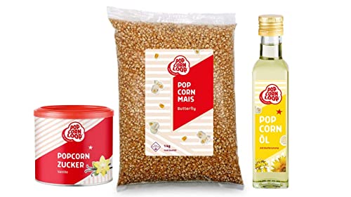Popcornloop Zutaten Set mit Butterfly Mais 1 Kilo, Popcornzucker Vanille 300g und Popcornöl 250ml für Popcorn Zuhause Popcornmaschine Cover