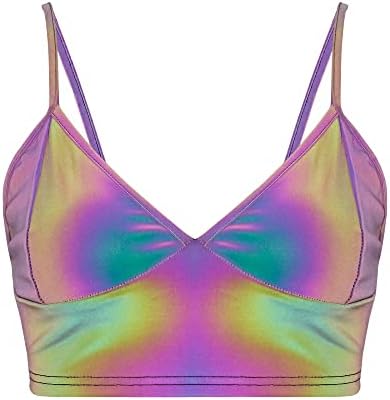 Vimoisa Women Reflective Metallic Tank Top Bustier Spaghetti Strap Crop Top Tight Sleeveless Tube Top Vest Blouse(M)