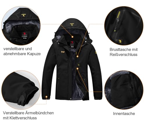 YSENTO Damen Winterjacke Wasserdicht Skijacke Outdoor Softshelljacke Warm Fleecejacke Funktionsjacke mit Abnehmbarer Kapuze(Schwarz,M)