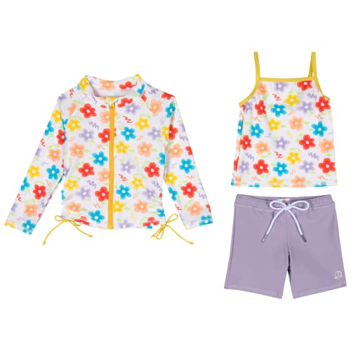 SwimZip Girls' 3 Pc Swim Set w/Long Sleeve Rash Guard, Tankini & Shorts UPF 50+