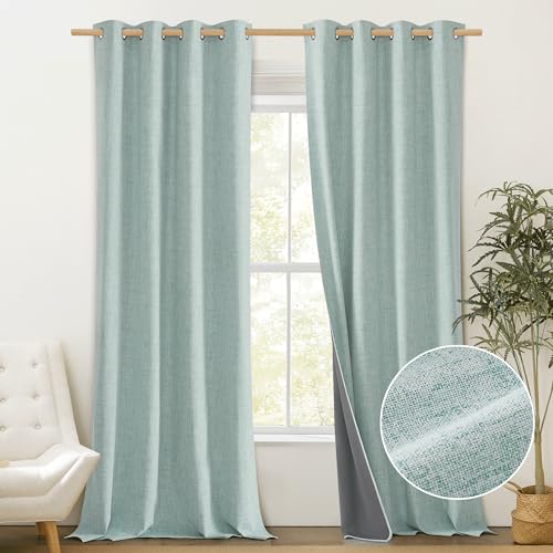 PONY DANCE Seafoam Green Linen Blackout Curtains for Girls Boys Bedroom Living Room Decoration with Thermal Insulated Liner Eyelet Curtains Noise Reduce Curtains, 52 x 90 Inch, 2 Panels